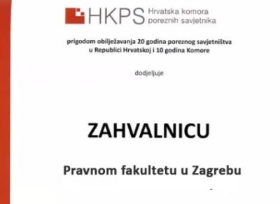 Pravnom fakultetu dodijeljena je zahvalnica Hrvatske komore poreznih savjetnika