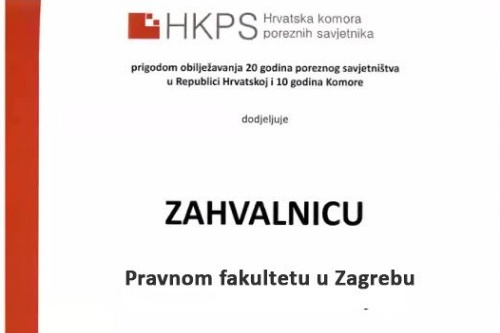 Pravnom fakultetu dodijeljena je zahvalnica Hrvatske komore poreznih savjetnika