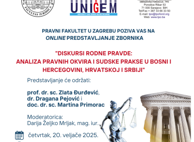 Online predstavljanje zbornika “Diskursi rodne pravde: Analiza pravnih okvira i sudske prakse u Bosni i Hercegovini, Hrvatskoj i Srbiji”