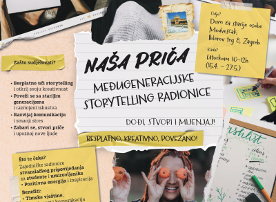 Dobrodošli u “Naše priče” – međugeneracijske radionice storytellinga!  Povežite se, inspirirajte i otkrijte snagu zajedničkog pripovijedanja!