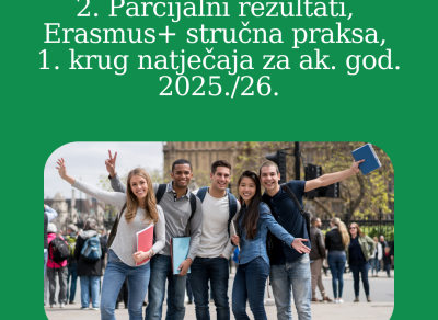 2. parcijalni rezultati 1. kruga Natječaja za Erasmus+ stručnu praksu za ak. god. 2025/26.