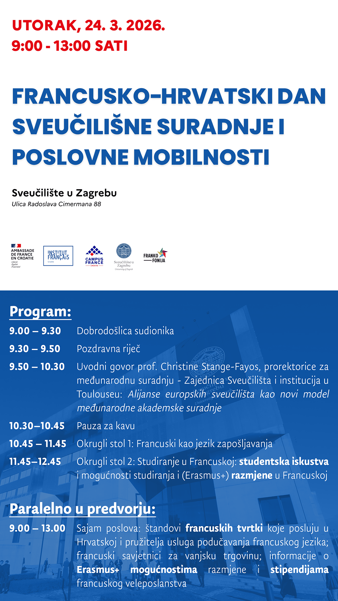 Poziv na Francusko-hrvatski dan sveučilišne suradnje i poslovne mobilnosti – utorak, 24. ožujka 2026. (Rektorat Sveučilišta u Zagrebu)