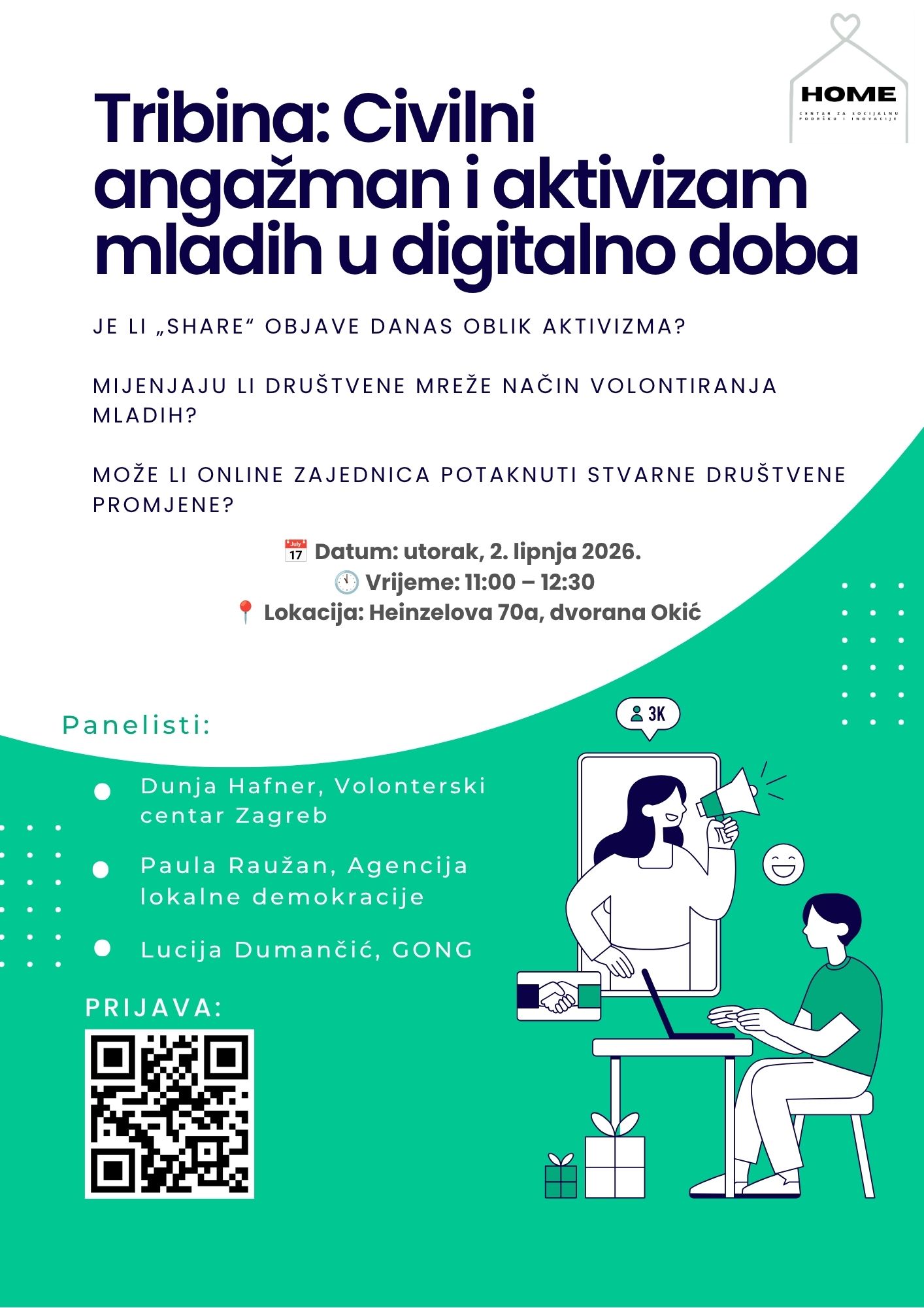 HOME – Centar za socijalnu podršku i inovacije Tribina: „Civilni angažman i aktivizam mladih u digitalno doba“