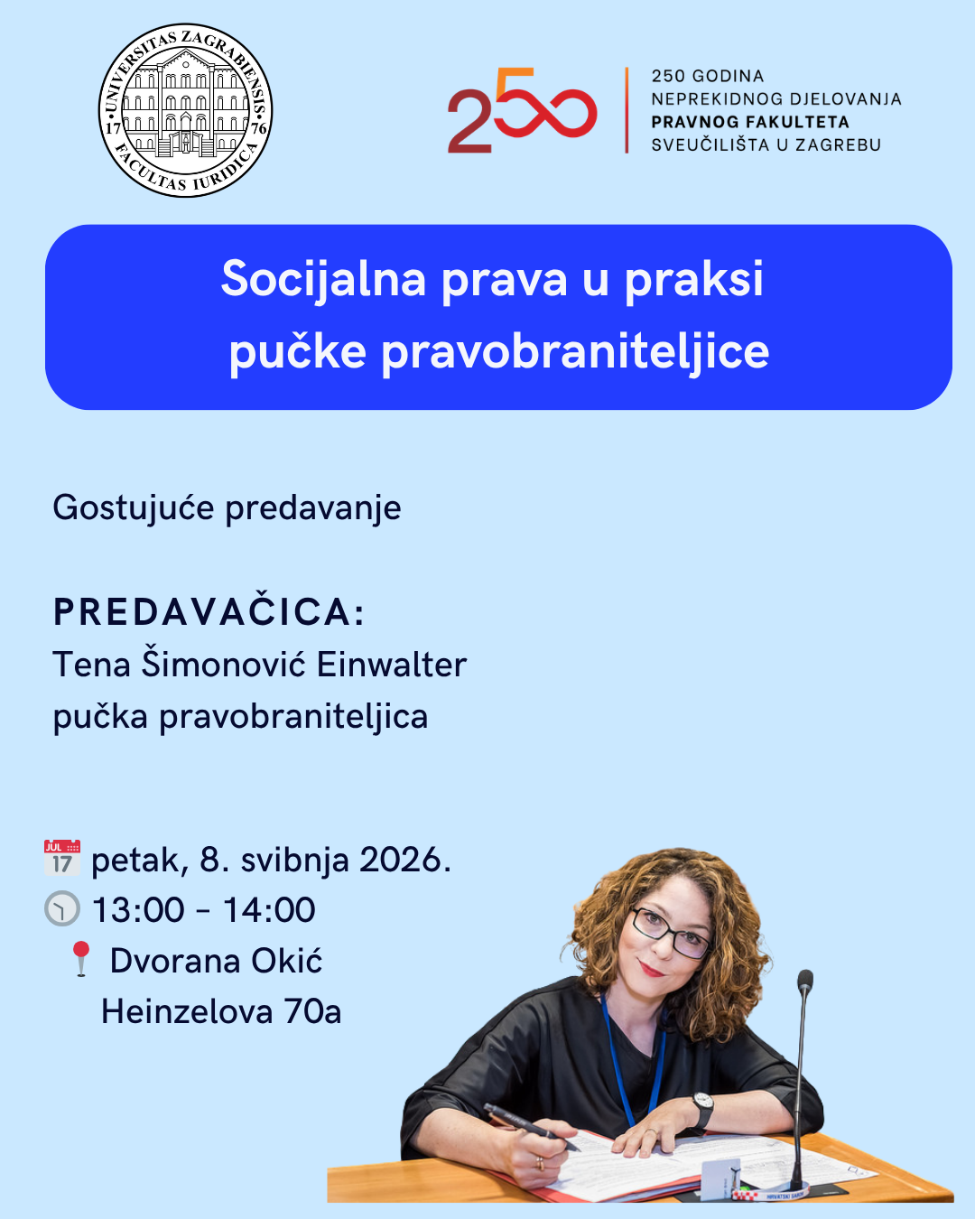 Poziv na gostujuće predavanje pučke pravobraniteljice Tene Šimonović Einwalter