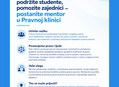 Podijelite znanje, podržite studente, pomozite zajednici – postanite mentor u Pravnoj klinici