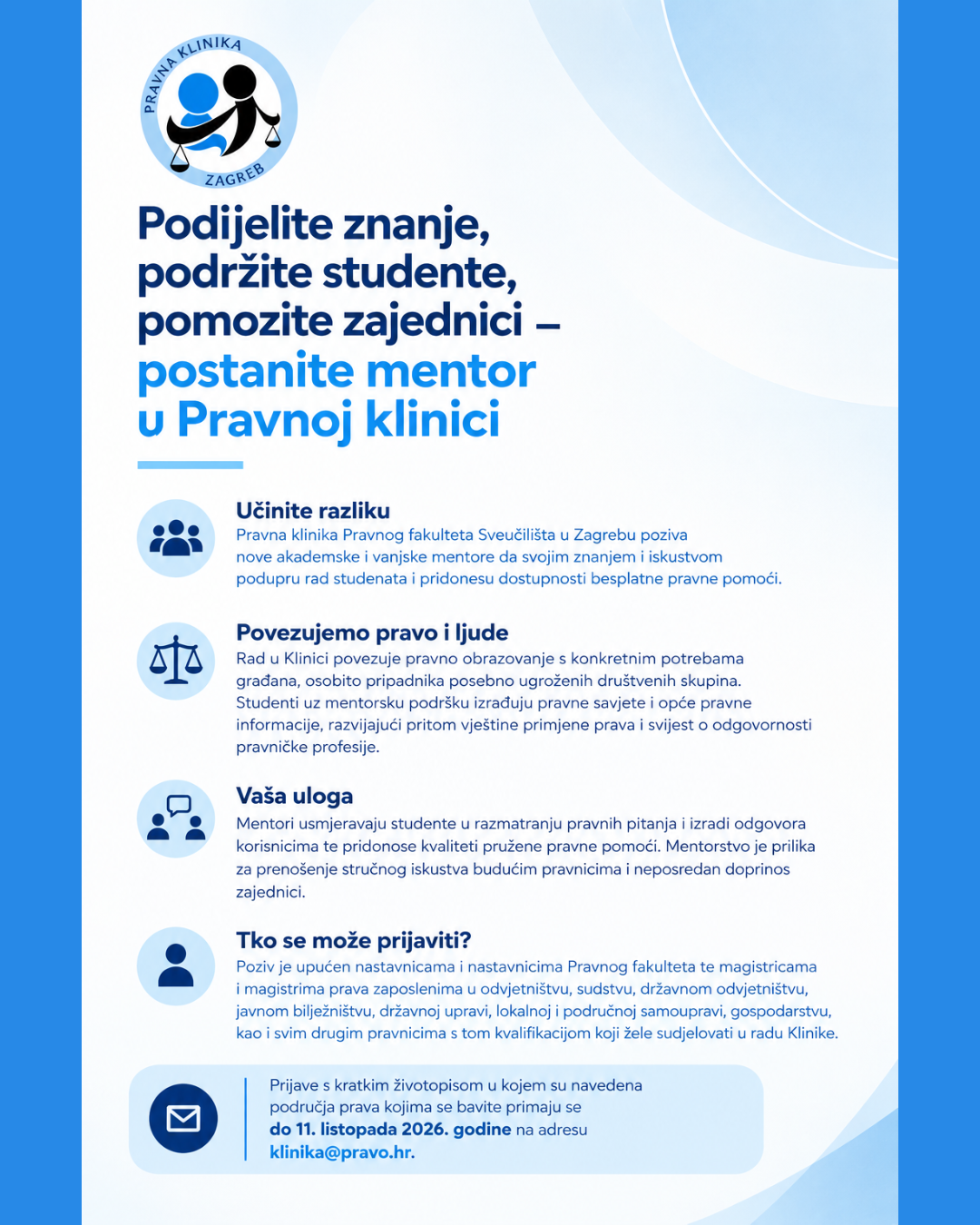 Podijelite znanje, podržite studente, pomozite zajednici – postanite mentor u Pravnoj klinici