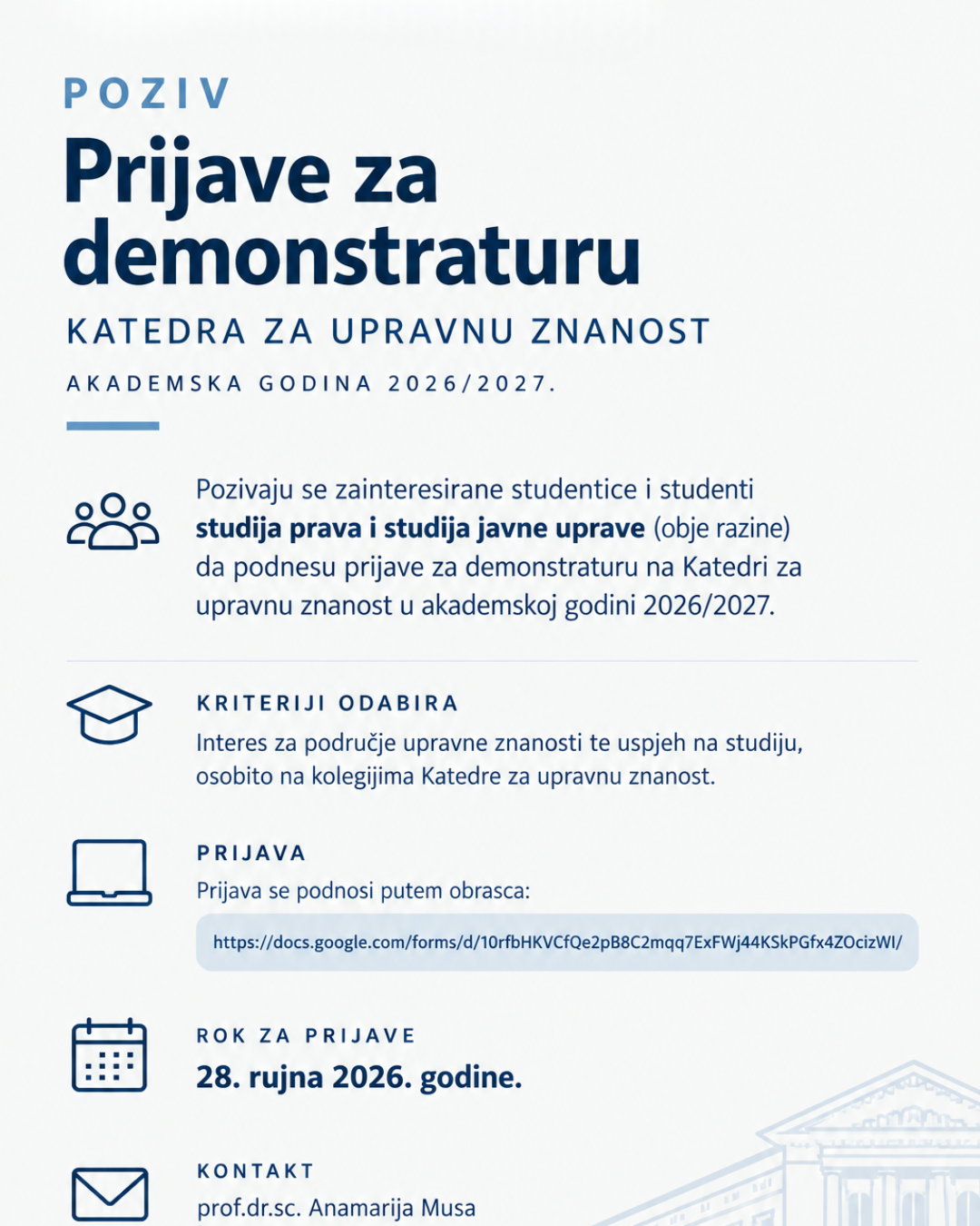 POZIV ZA DEMONSTRATURU NA KATEDRI ZA UPRAVNU ZNANOST