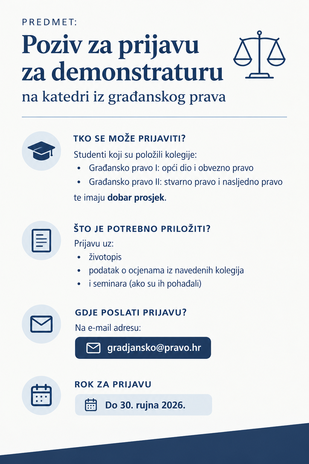 Poziv za prijavu za demonstraturu na katedri iz građanskog prava