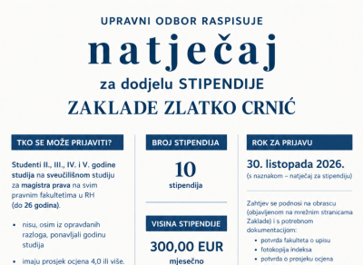 Natječaj za dodjelu STIPENDIJE ZAKLADE ZLATKO CRNIĆ za akademsku godinu 2026./2027.