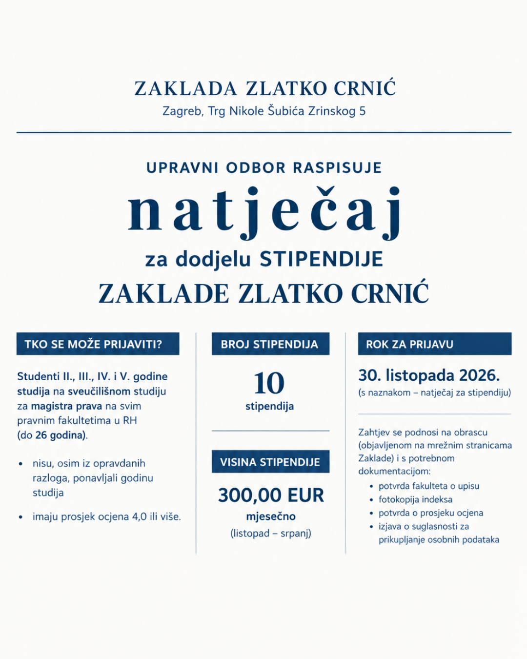 Natječaj za dodjelu STIPENDIJE ZAKLADE ZLATKO CRNIĆ za akademsku godinu 2026./2027.